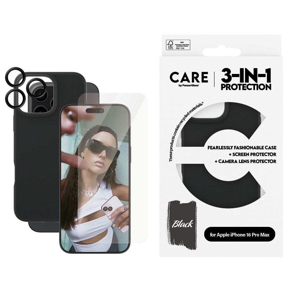 CARE By PanzerGlass iPhone 16 Pro Max 3-i-1 FASHION Bundle - Skærmbeskyttelse (UWF) / Bagsidecover / Kamerabeskyttelse - Gennemsigtig / Sort