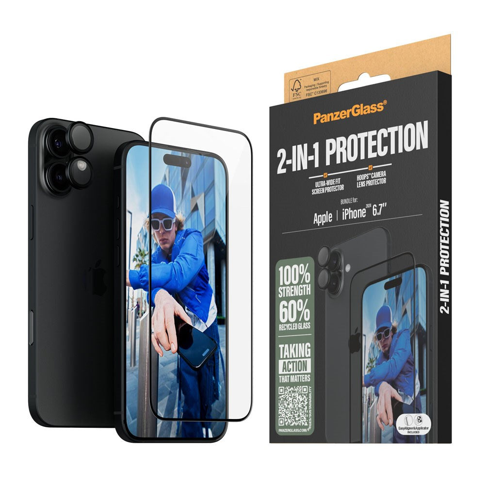 iPhone 16 Plus PanzerGlass 2-i-1 Bundle m. EasyAligner - Skærmbeskyttelse / Kamerabeskyttelse - Gennemsigtig / Sort