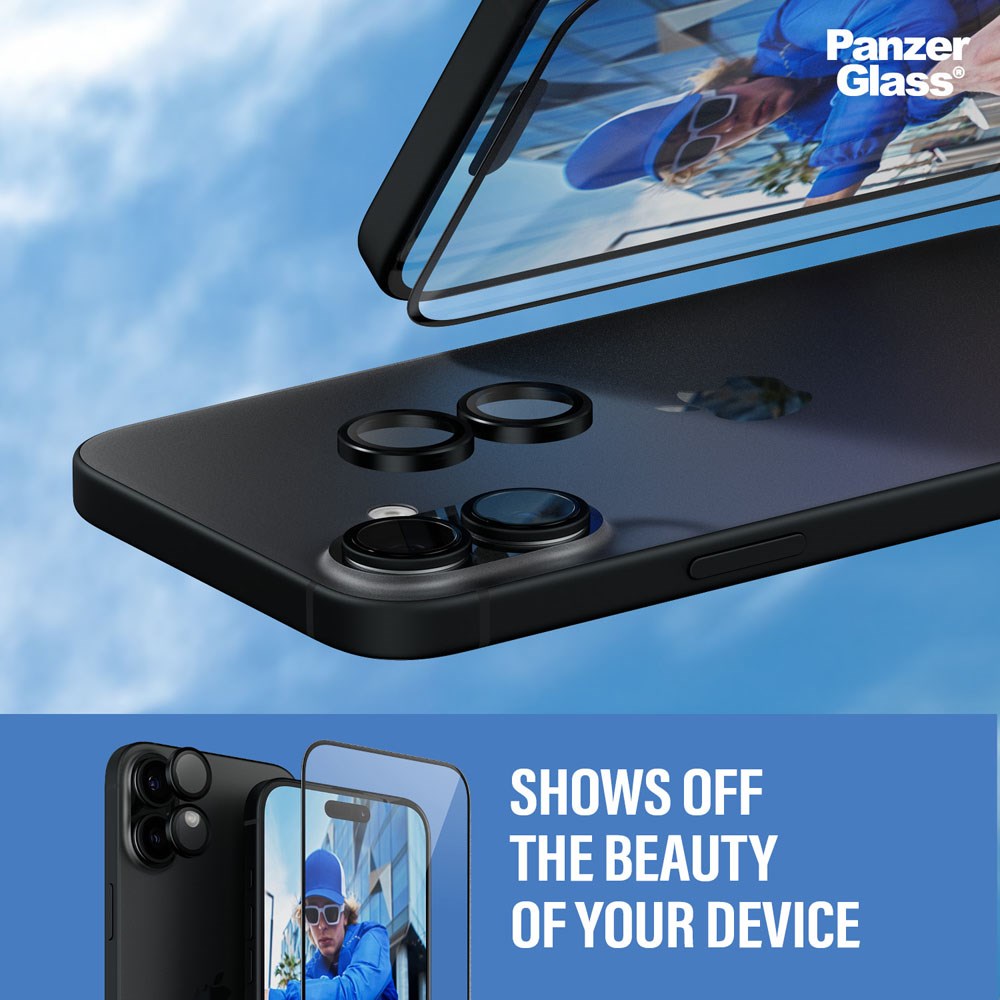 iPhone 16 Plus PanzerGlass 2-i-1 Bundle m. EasyAligner - Skærmbeskyttelse / Kamerabeskyttelse - Gennemsigtig / Sort