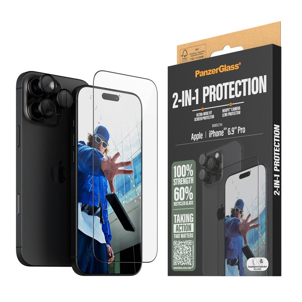 iPhone 16 Pro Max PanzerGlass 2-i-1 Bundle m. EasyAligner - Skærmbeskyttelse / Kamerabeskyttelse - Gennemsigtig / Sort