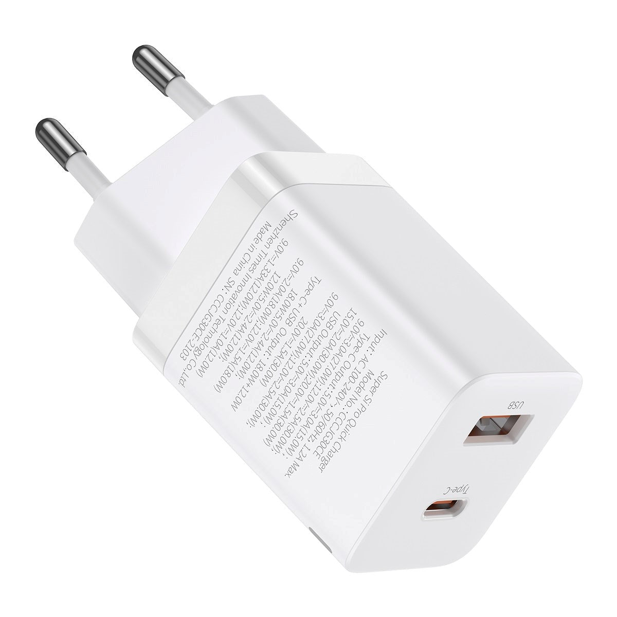 Baseus 30W Super Si Pro PD Vægoplader USB-C & USB-A - Hvid