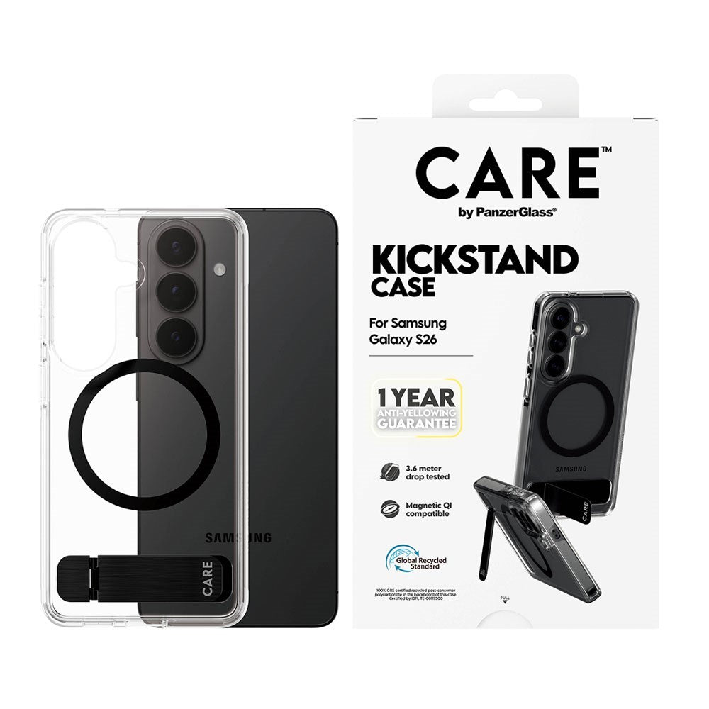 Samsung Galaxy S26 CARE by PanzerGlass Feature Kickstand Cover -  Qi Kompatibel - Transparent / Black