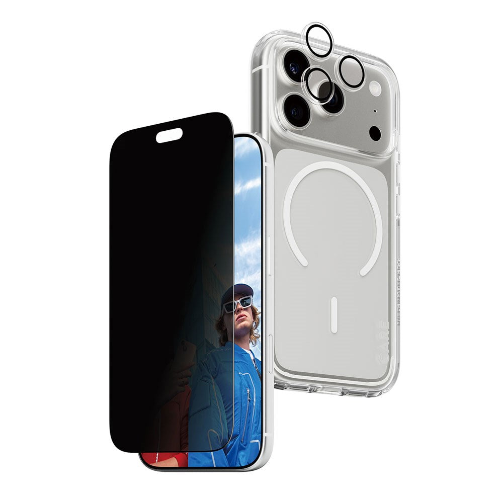 iPhone 18 Pro - CARE by PanzerGlass - 3-i-1 FLAGSHIP Bundle - Cover / Privacy Skærmbeskyttelse (UWF) / Kamerabeskyttelse - Gennemsigtig / Sort