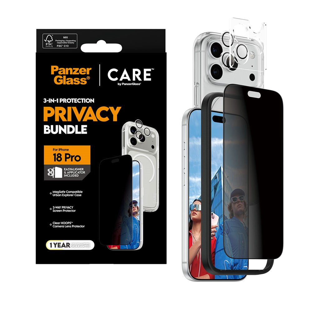 iPhone 18 Pro - CARE by PanzerGlass - 3-i-1 FLAGSHIP Bundle - Cover / Privacy Skærmbeskyttelse (UWF) / Kamerabeskyttelse - Gennemsigtig / Sort