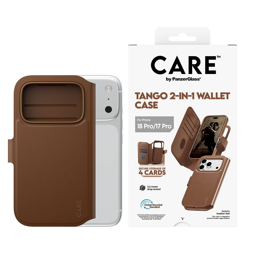 iPhone 18 Pro / 17 Pro CARE by PanzerGlass Feature Tango 2-in-1 Flipcover m. Pung - MagSafe Kompatibel - Brun