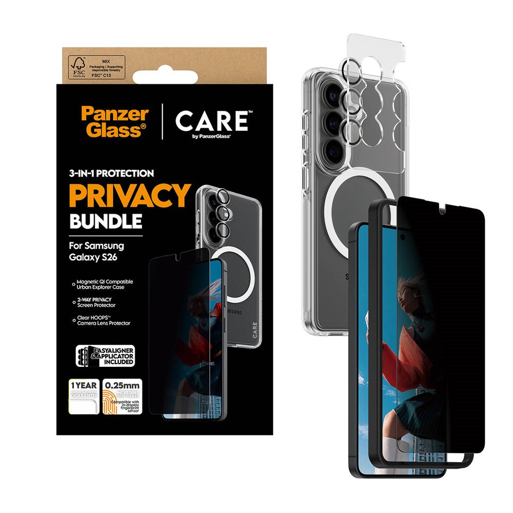 Samsung Galaxy S26 Urban Combat 3-in-1 Privacy Bundle inkl. Cover / Skærmbeskyttelse m. Privacy / Kamerabeskyttelse - Qi Kompatibel - Gennemsigtig