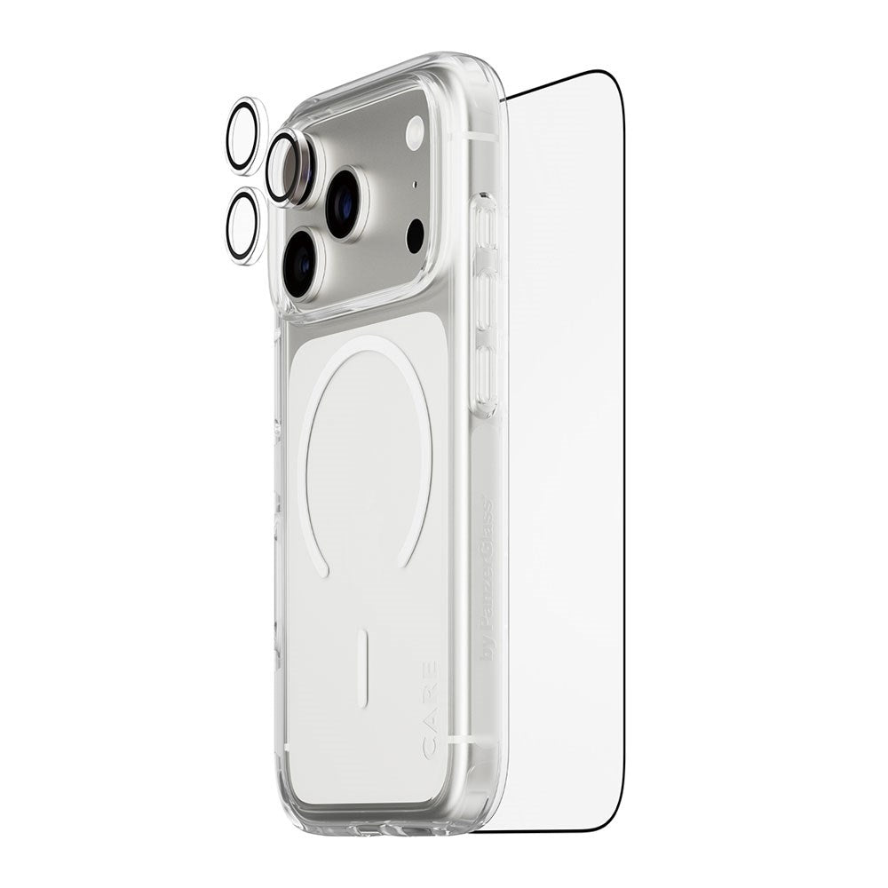 iPhone 18 Pro CARE By PanzerGlass 3-i-1 FLAGSHIP Bundle - Skærmbeskyttelse (UWF) / Bagsidecover / Kamerabeskyttelse - Gennemsigtig