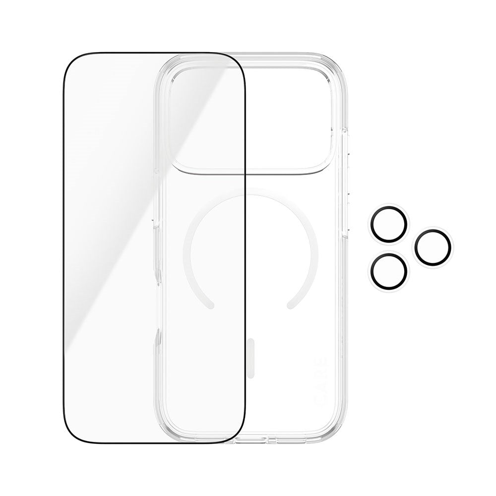 iPhone 18 Pro CARE By PanzerGlass 3-i-1 FLAGSHIP Bundle - Skærmbeskyttelse (UWF) / Bagsidecover / Kamerabeskyttelse - Gennemsigtig