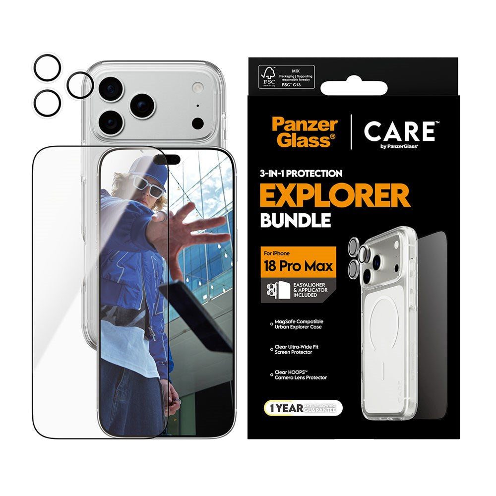 iPhone 18 Pro Max CARE By PanzerGlass 3-i-1 FLAGSHIP Bundle - Skærmbeskyttelse (UWF) / Bagsidecover / Kamerabeskyttelse - Gennemsigtig