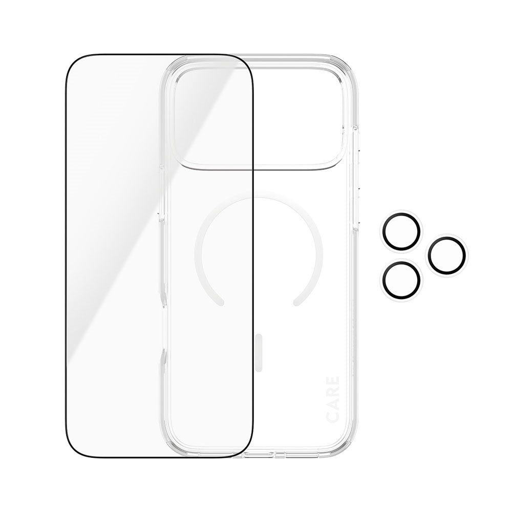 iPhone 18 Pro Max CARE By PanzerGlass 3-i-1 FLAGSHIP Bundle - Skærmbeskyttelse (UWF) / Bagsidecover / Kamerabeskyttelse - Gennemsigtig