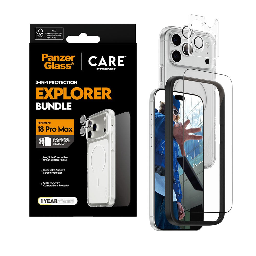 iPhone 18 Pro Max CARE By PanzerGlass 3-i-1 FLAGSHIP Bundle - Skærmbeskyttelse (UWF) / Bagsidecover / Kamerabeskyttelse - Gennemsigtig