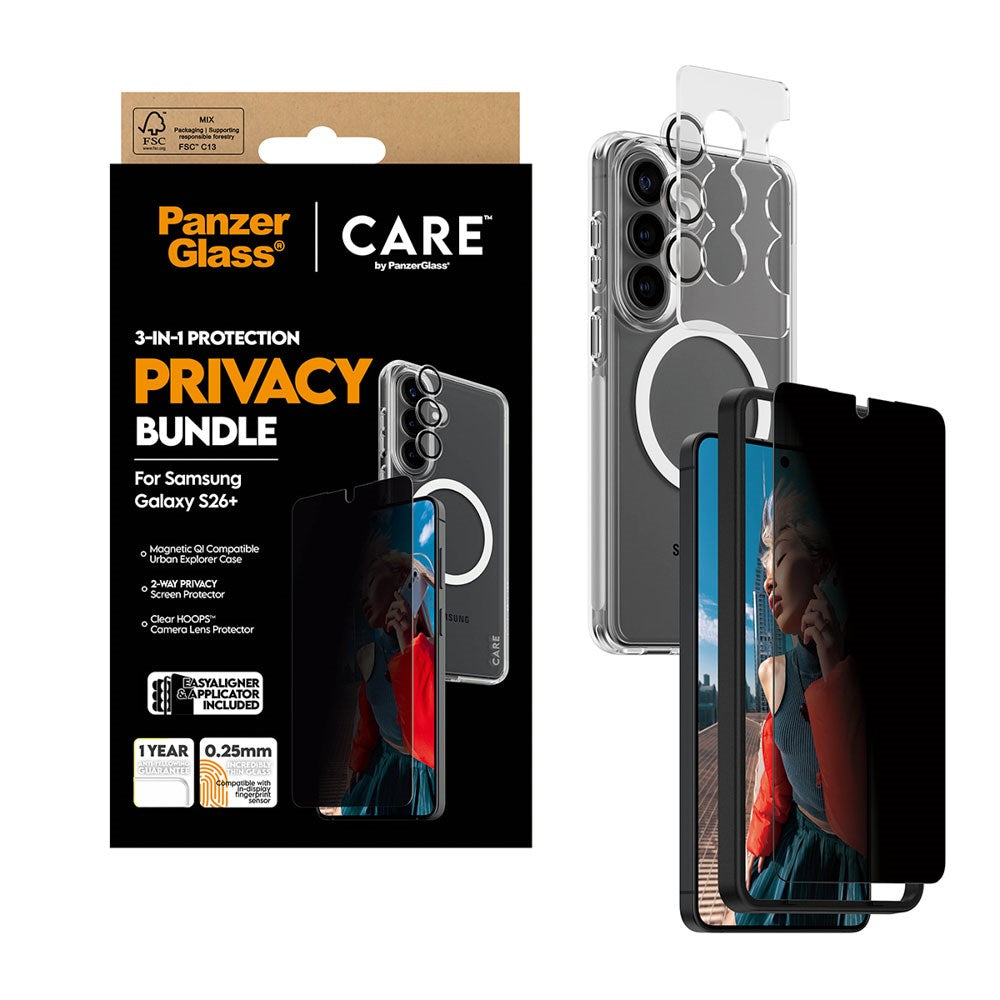 Samsung Galaxy S26+ (Plus) Urban Combat 3-in-1 Privacy Bundle inkl. Cover / Skærmbeskyttelse m. Privacy / Kamerabeskyttelse - Qi Kompatibel - Gennemsigtig