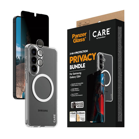 Samsung Galaxy S26+ (Plus) Urban Combat 3-in-1 Privacy Bundle inkl. Cover / Skærmbeskyttelse m. Privacy / Kamerabeskyttelse - Qi Kompatibel - Gennemsigtig