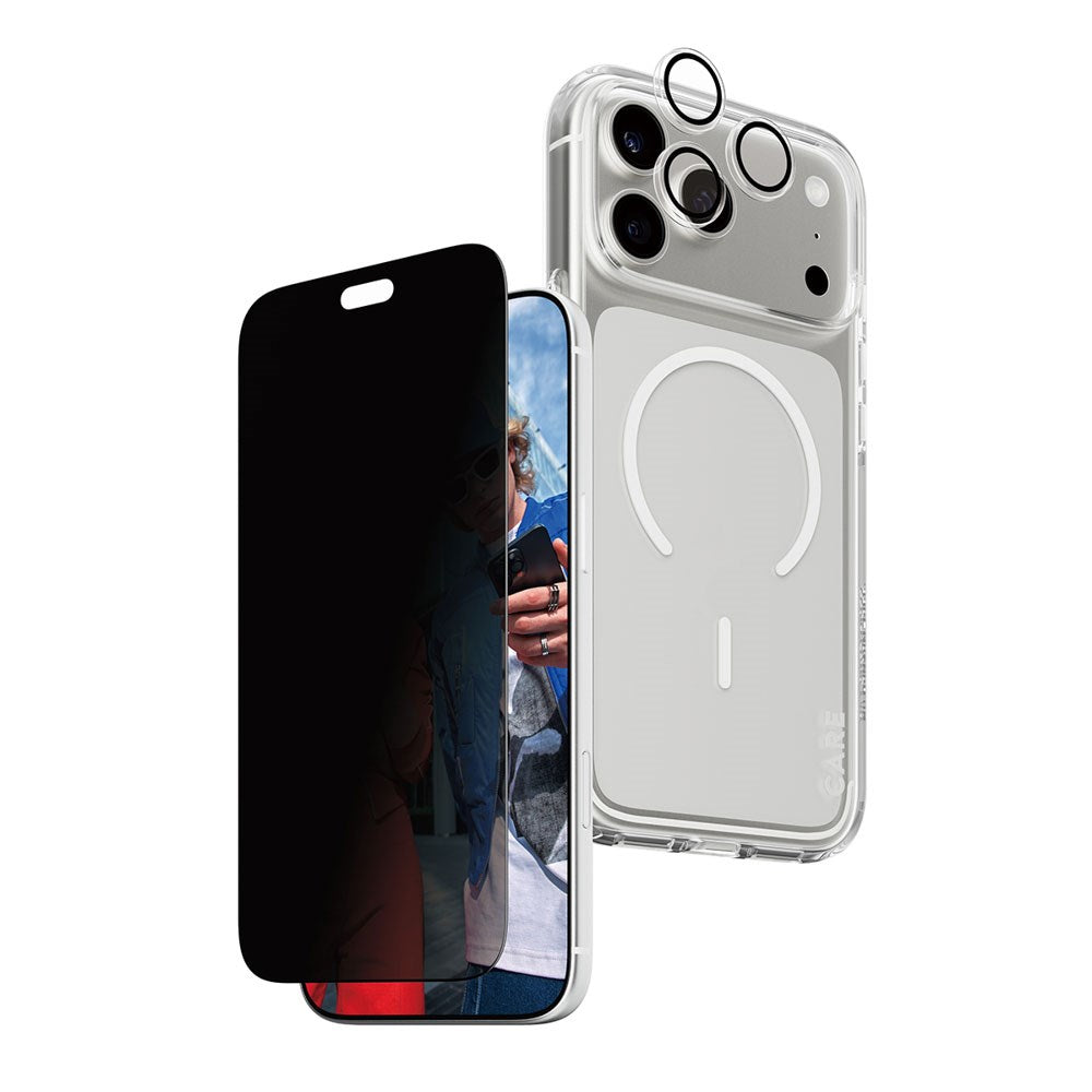 iPhone 18 Pro Max - CARE by PanzerGlass - 3-i-1 FLAGSHIP Bundle - Cover / Privacy Skærmbeskyttelse (UWF) / Kamerabeskyttelse - Gennemsigtig / Sort