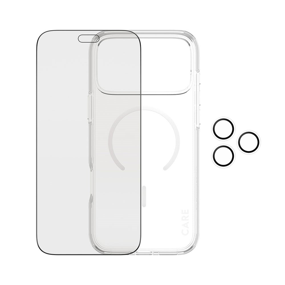 iPhone 18 Pro Max - CARE by PanzerGlass - 3-i-1 FLAGSHIP Bundle - Cover / Privacy Skærmbeskyttelse (UWF) / Kamerabeskyttelse - Gennemsigtig / Sort