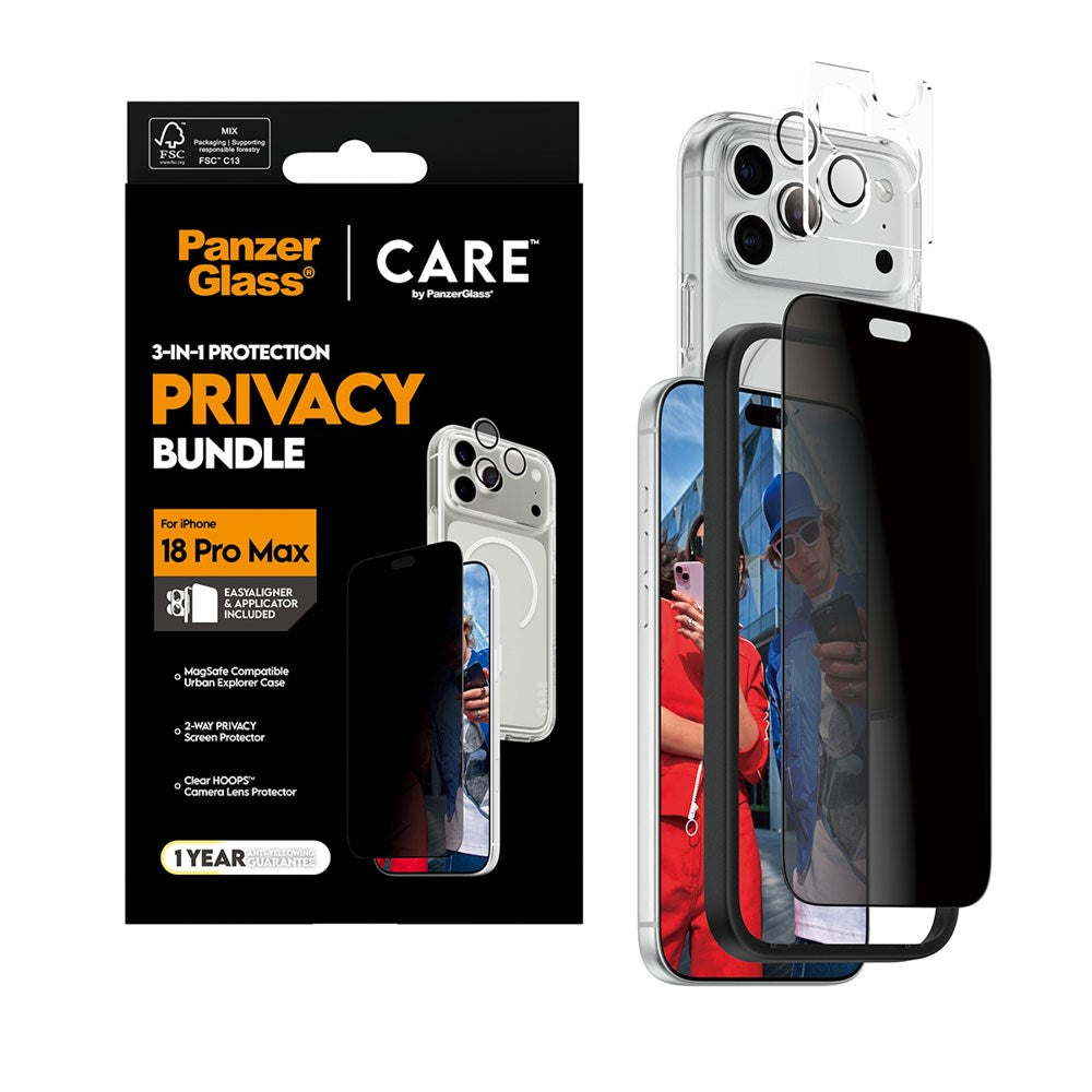 iPhone 18 Pro Max - CARE by PanzerGlass - 3-i-1 FLAGSHIP Bundle - Cover / Privacy Skærmbeskyttelse (UWF) / Kamerabeskyttelse - Gennemsigtig / Sort