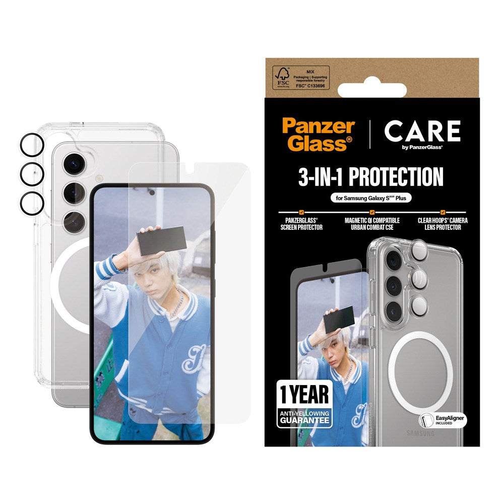 Samsung Galaxy S25+ (Plus) - CARE by PanzerGlass 3-i-1 FLAGSHIP Bundle - Cover / Skærmbeskyttelse (UWF) / Kamerabeskyttelse - Gennemsigtig