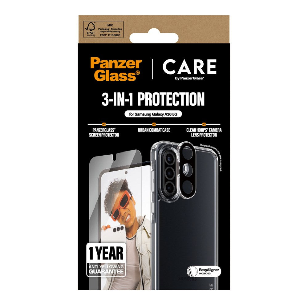 Samsung Galaxy A36 (5G) - CARE by PanzerGlass 3-i-1 FLAGSHIP Bundle - Cover / Skærmbeskyttelse (UWF) / Kamerabeskyttelse - Gennemsigtig