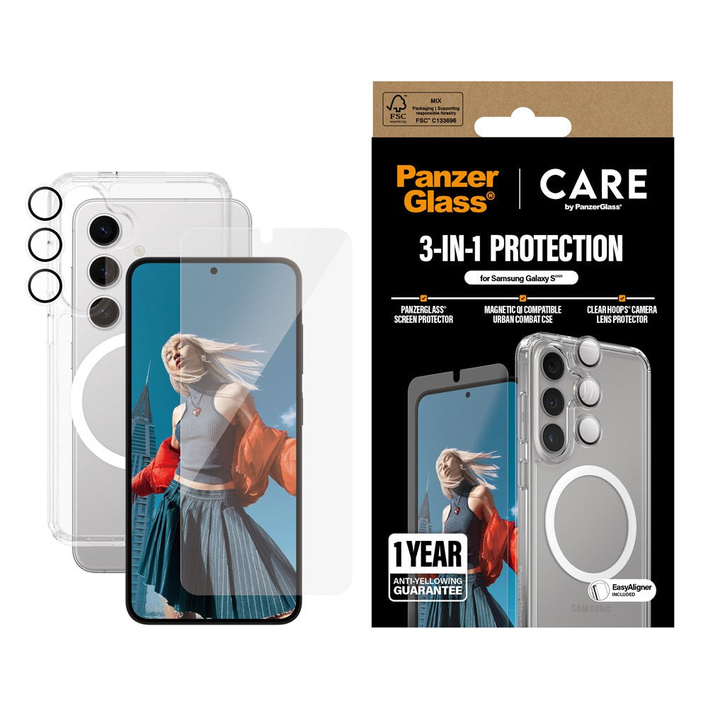 Samsung Galaxy S25 - CARE by PanzerGlass 3-i-1 FLAGSHIP Bundle - Cover / Skærmbeskyttelse (UWF) / Kamerabeskyttelse - Gennemsigtig