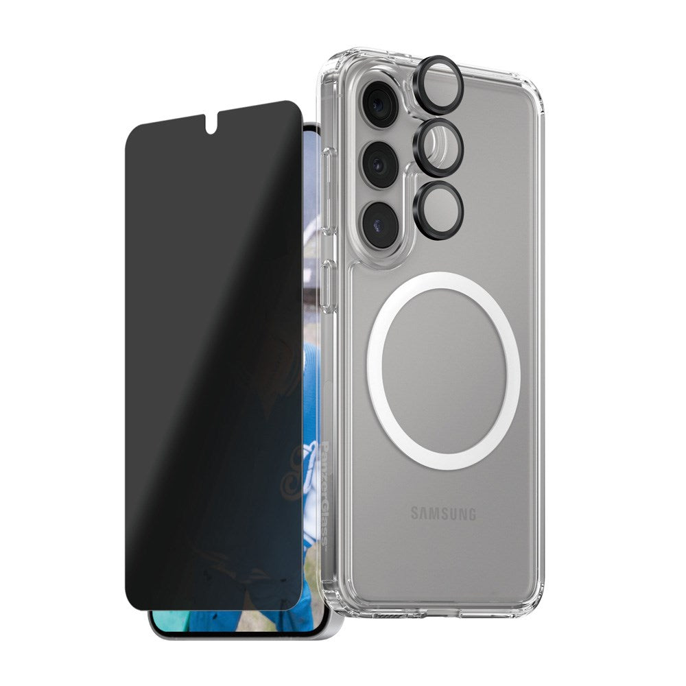 Samsung Galaxy S25+ (Plus) - CARE by PanzerGlass 3-i-1 FLAGSHIP Bundle - Cover / Privacy Skærmbeskyttelse (UWF) / Kamerabeskyttelse - Gennemsigtig / Sort