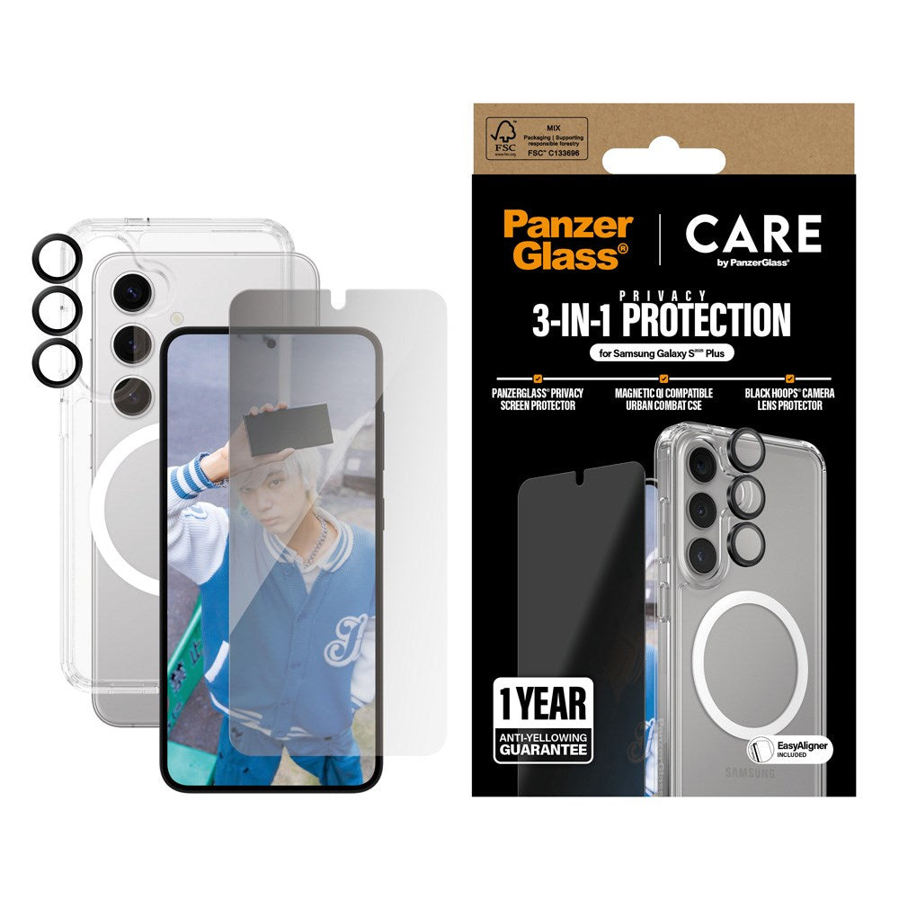 Samsung Galaxy S25+ (Plus) - CARE by PanzerGlass 3-i-1 FLAGSHIP Bundle - Cover / Privacy Skærmbeskyttelse (UWF) / Kamerabeskyttelse - Gennemsigtig / Sort