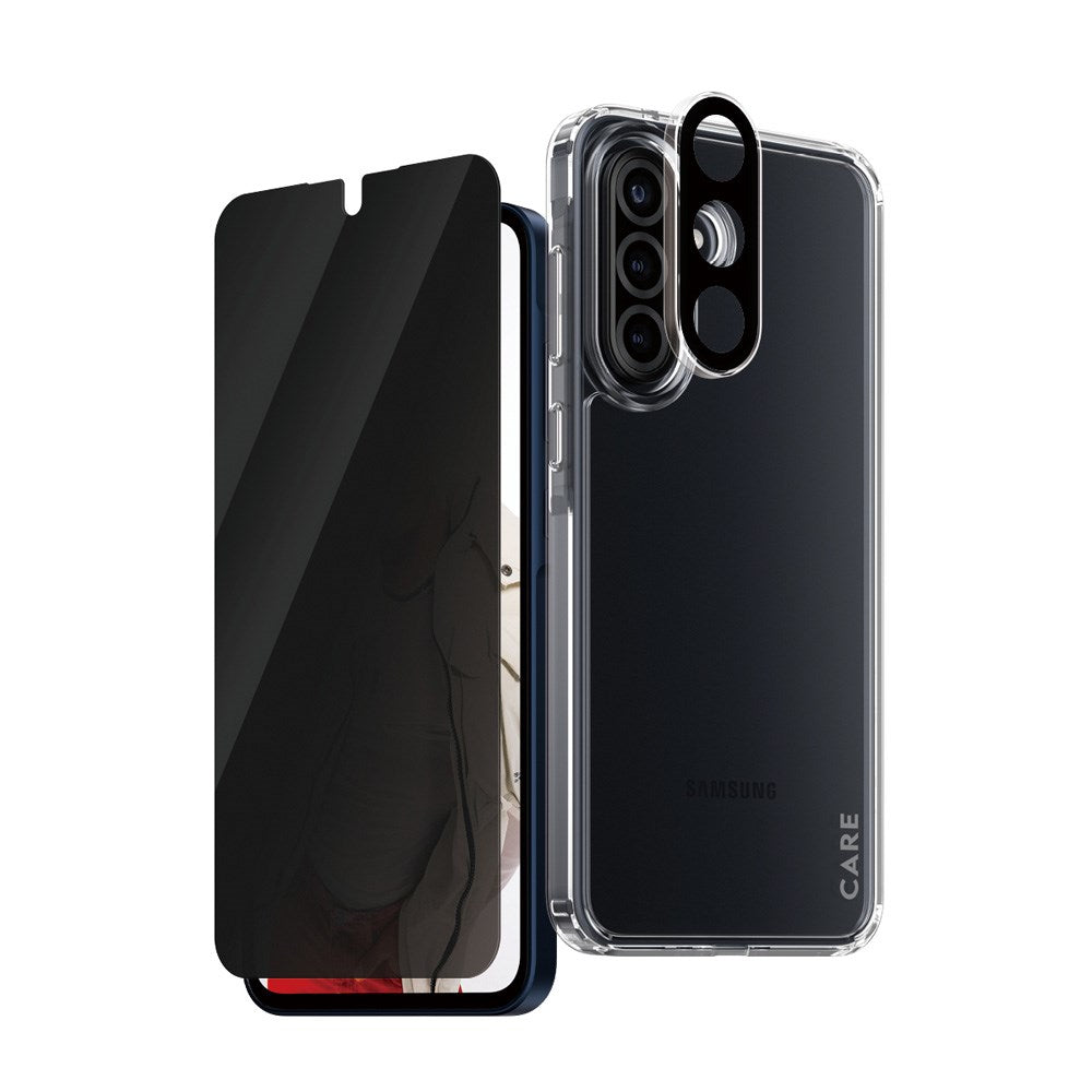 Samsung Galaxy A36 (5G) - CARE by PanzerGlass 3-i-1 FLAGSHIP Bundle - Cover / Privacy Skærmbeskyttelse (UWF) / Kamerabeskyttelse - Gennemsigtig / Sort