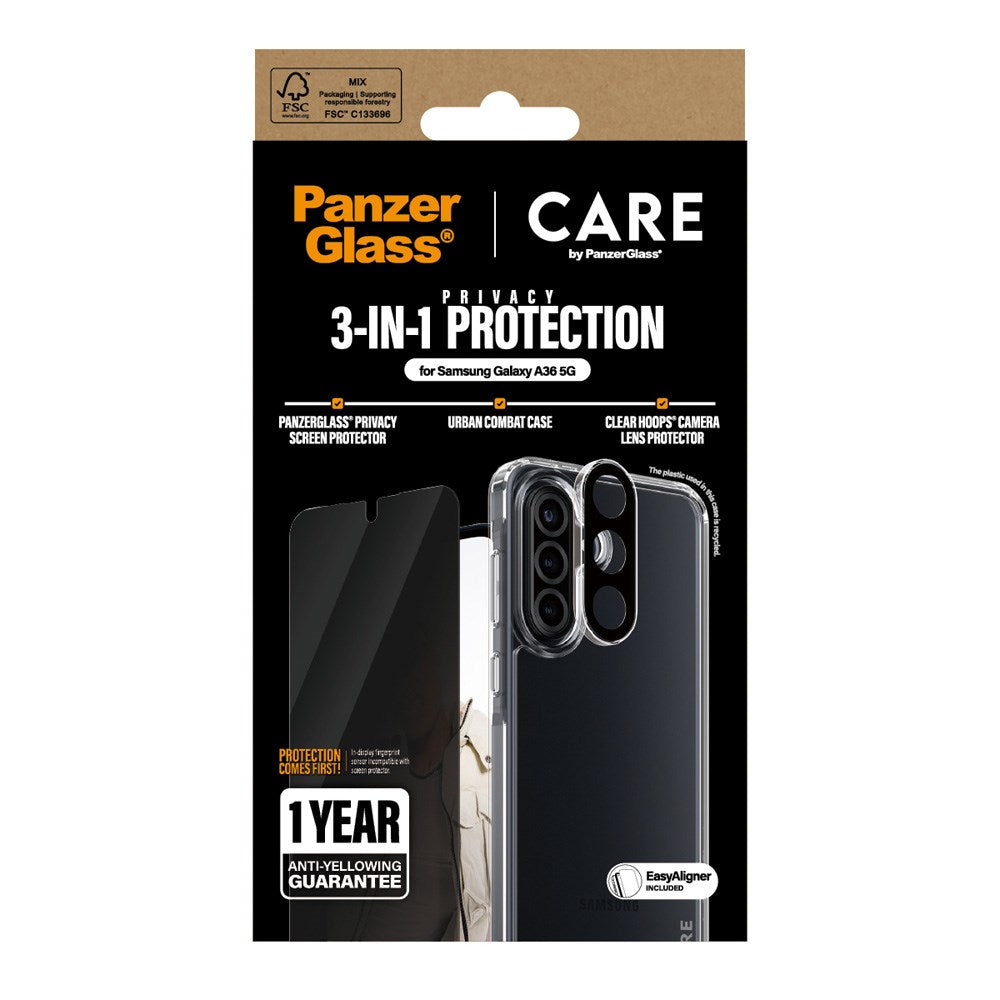 Samsung Galaxy A36 (5G) - CARE by PanzerGlass 3-i-1 FLAGSHIP Bundle - Cover / Privacy Skærmbeskyttelse (UWF) / Kamerabeskyttelse - Gennemsigtig / Sort