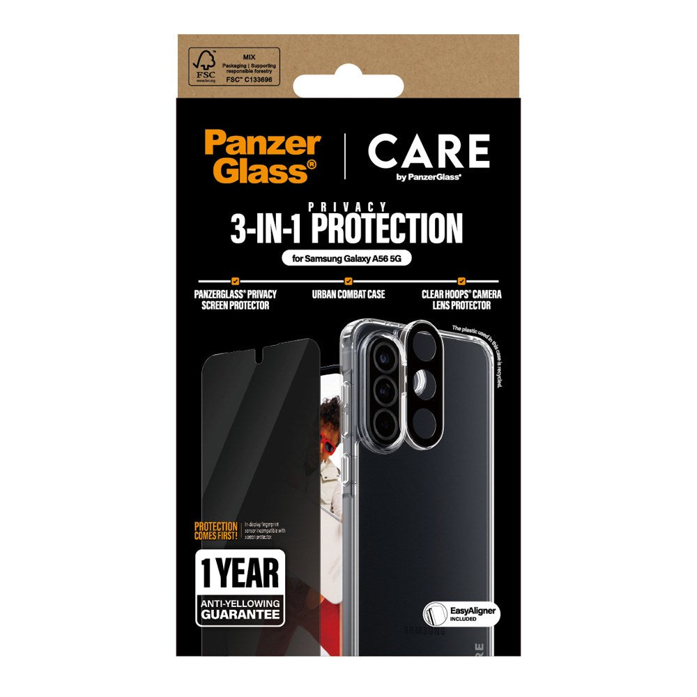 Samsung Galaxy A56 (5G) - CARE by PanzerGlass 3-i-1 FLAGSHIP Bundle - Cover / Privacy Skærmbeskyttelse (UWF) / Kamerabeskyttelse - Gennemsigtig / Sort