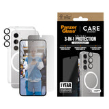 Samsung Galaxy S25 - CARE by PanzerGlass 3-i-1 FLAGSHIP Bundle - Cover / Privacy Skærmbeskyttelse (UWF) / Kamerabeskyttelse - Gennemsigtig / Hvid