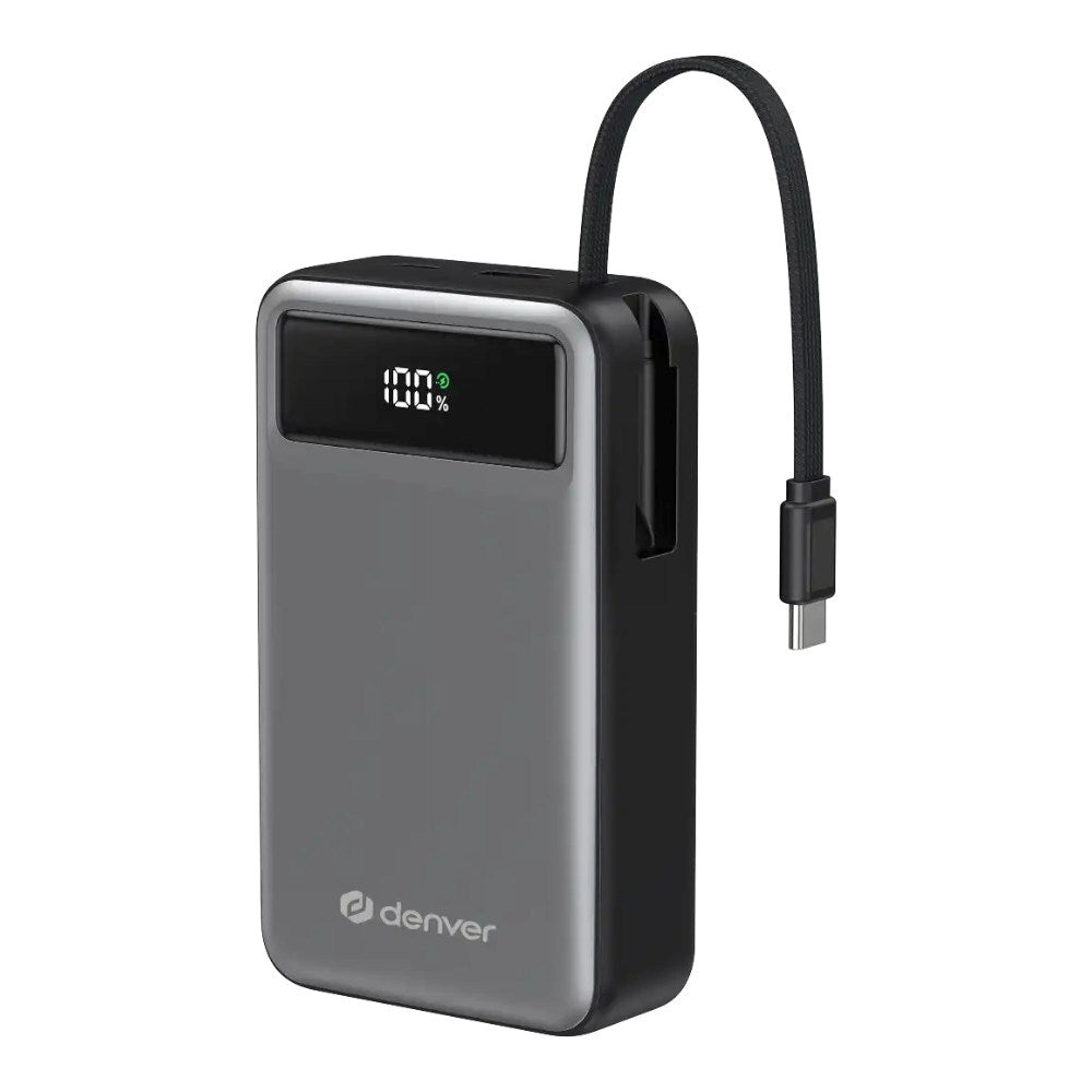 Denver PowerBank m. USB-A / USB-C / Indbygget USB-C Kabel - 65W / 20.000 mAh - Grå