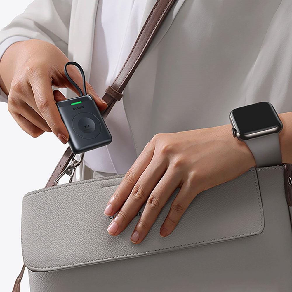 Baseus EnerFill Apple Watch Powerbank 5W - Trådløs Opladning - Indbygget USB-C Kabel - Sort