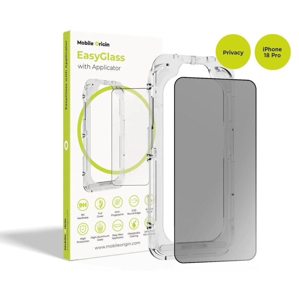 Mobile Origin iPhone 18 Pro EasyGlass Privacy Beskyttelsesglas m. Applicator - Gennemsigtig