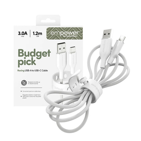 empower by PanzerGlass Racing 1.2m / 60W USB-A til USB-C Kabel - Silver White