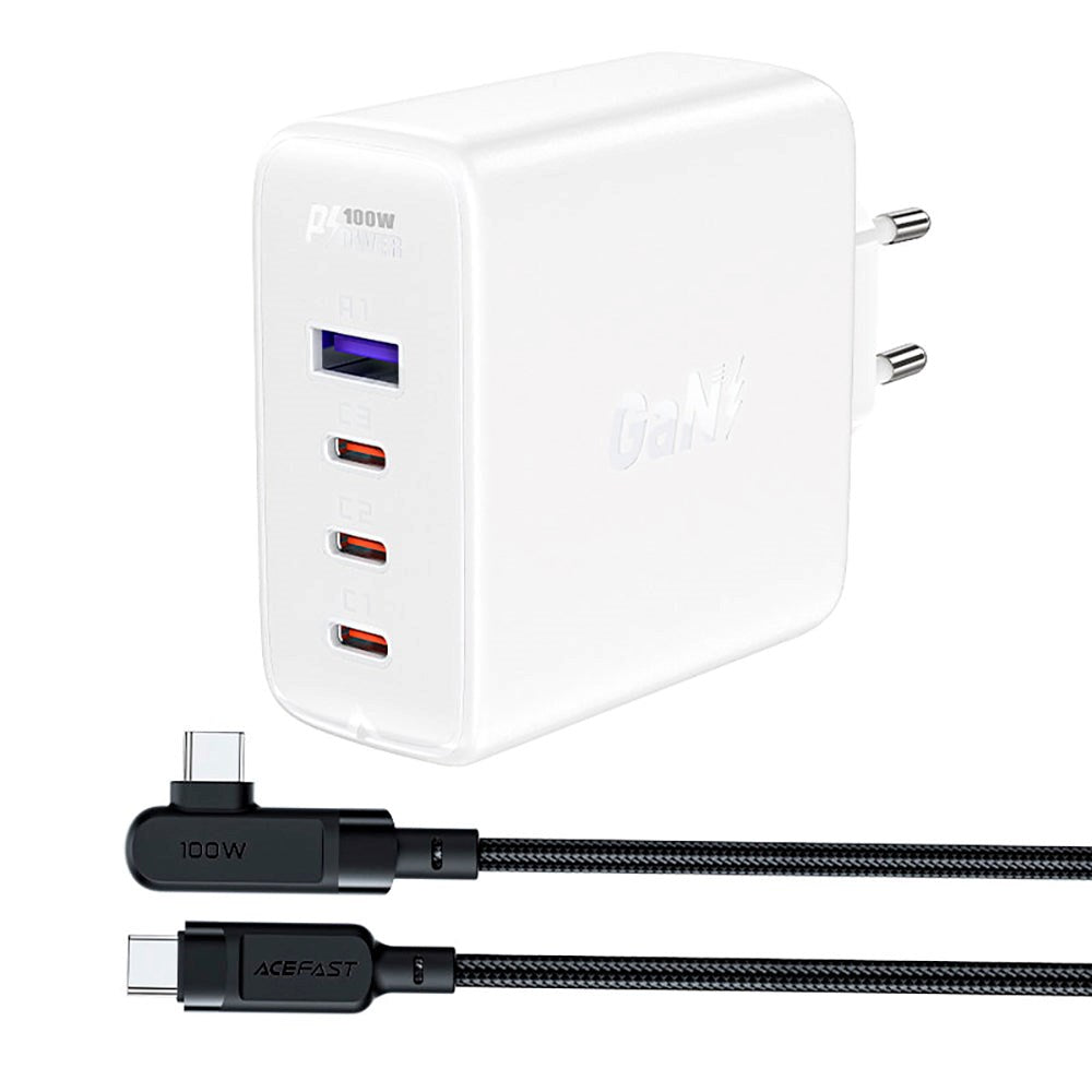 Acefast 100W PD GaN Charger - Vægoplader m. 1 x USB-A & 3 x USB-C - Hvid