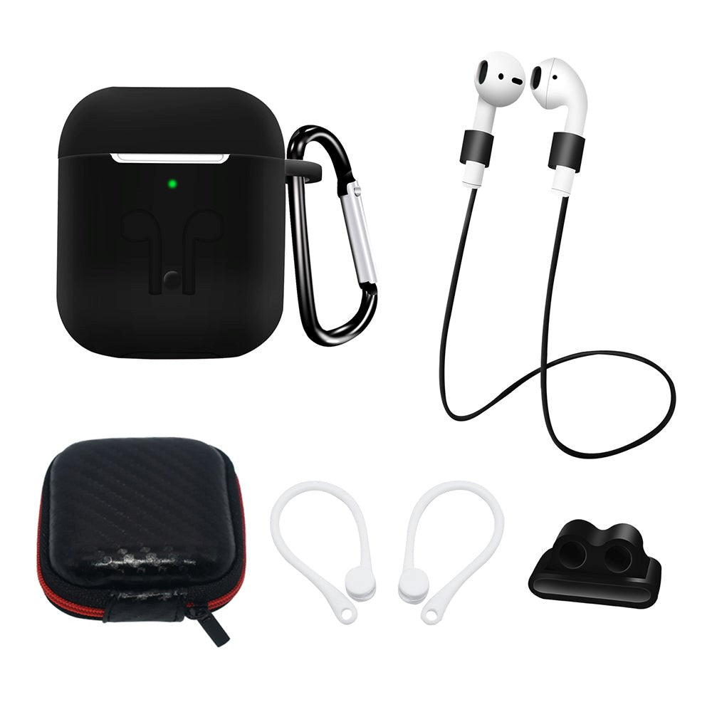 Hurtel AirPods (1 & 2. gen.) Silikone Case Sæt m. Etui, Neck Strap & Ear Hook - Sort