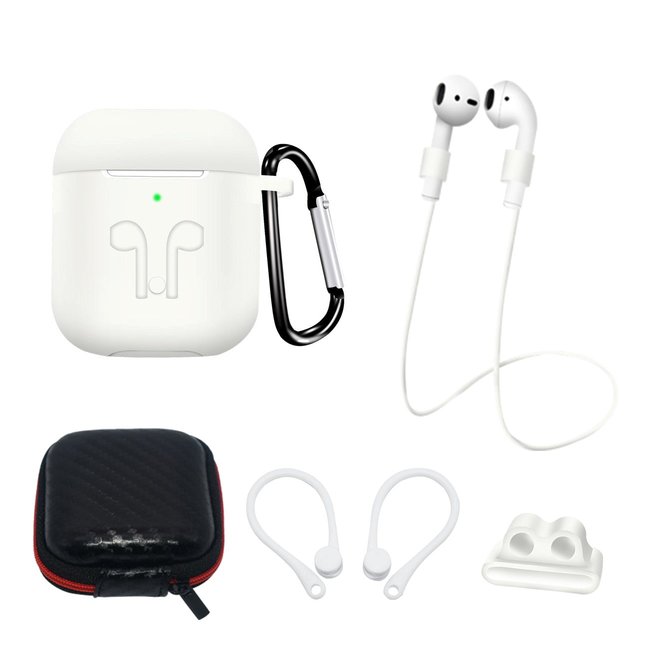 Hurtel AirPods (1 & 2. gen.) Silikone Case Sæt m. Etui, Neck Strap & Ear Hook - Hvid