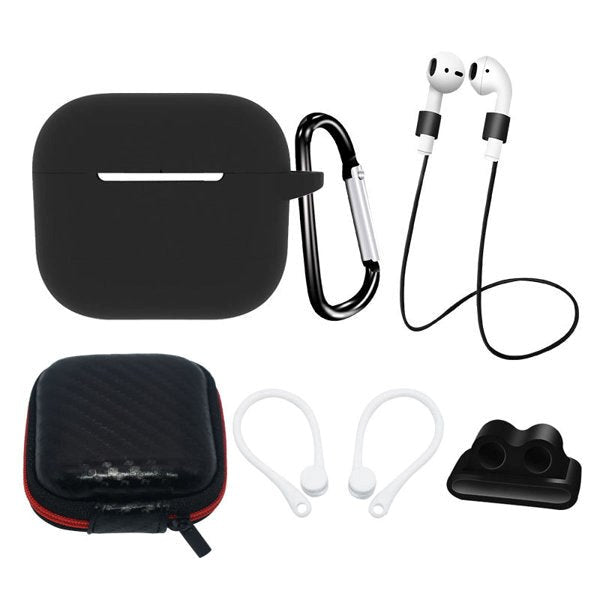 Hurtel AirPods (3. gen.) Silikone Case Sæt m. Etui, Neck Strap & Ear Hook - Sort