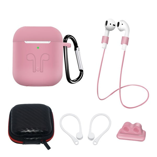 Hurtel AirPods (1 & 2. gen.) Silikone Case Sæt m. Etui, Neck Strap & Ear Hook - Lyserød