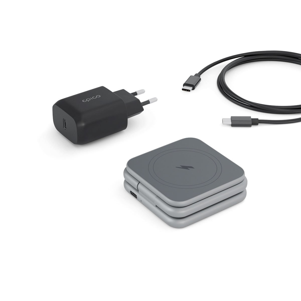 Epico Mag+ 3-i-1 Trådløs Oplader 15W m. 25W USB-C Vægoplader & USB-C Kabel - MagSafe Kompatibel - Space Grey