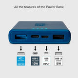 SBS Powerbank m. 2x USB-A & 1x USB-C 10W - 10.000 mAh - Blå