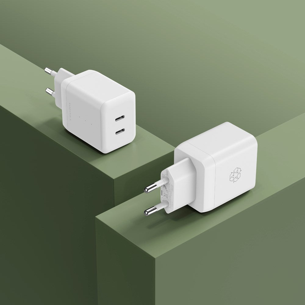 Upström ËSSENTIALS PD 35W GaN Genanvendt Plastik Vægoplader m. 2 x USB-C - Hvid