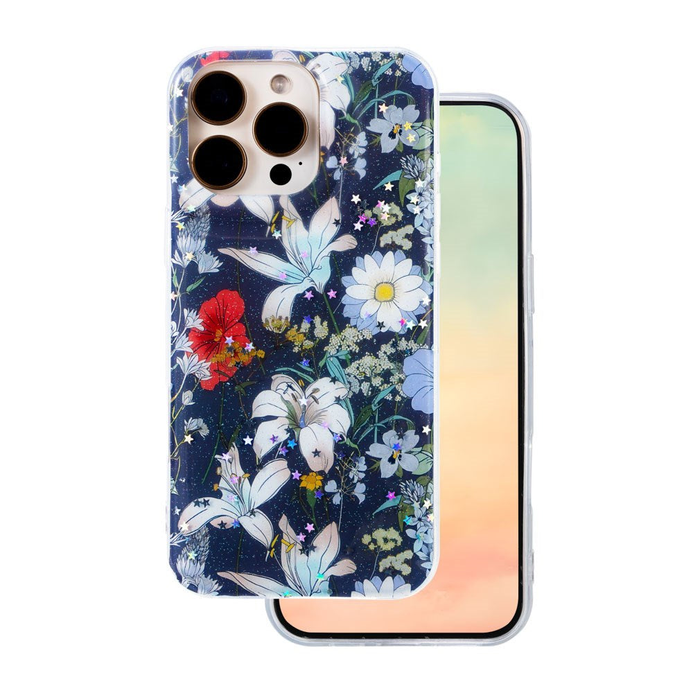 iPhone 16 Pro TFO Glow Glam Bagside Cover - Blå / Blomster