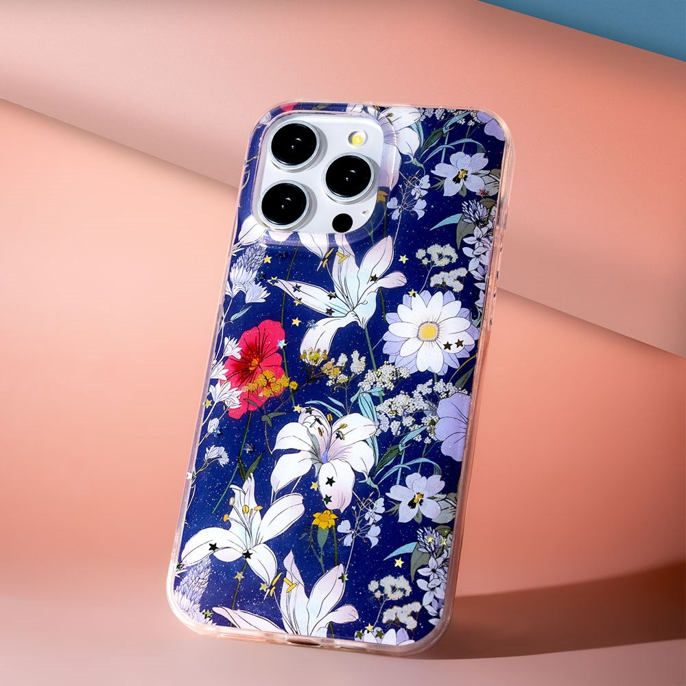 iPhone 16 Pro TFO Glow Glam Bagside Cover - Blå / Blomster