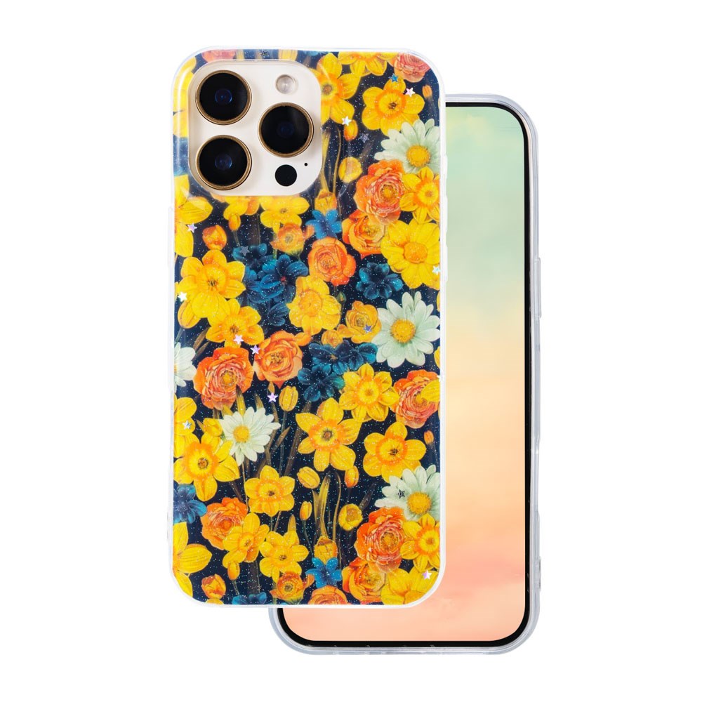iPhone 16 Pro TFO Glow Glam Bagside Cover - Orange / Blomster