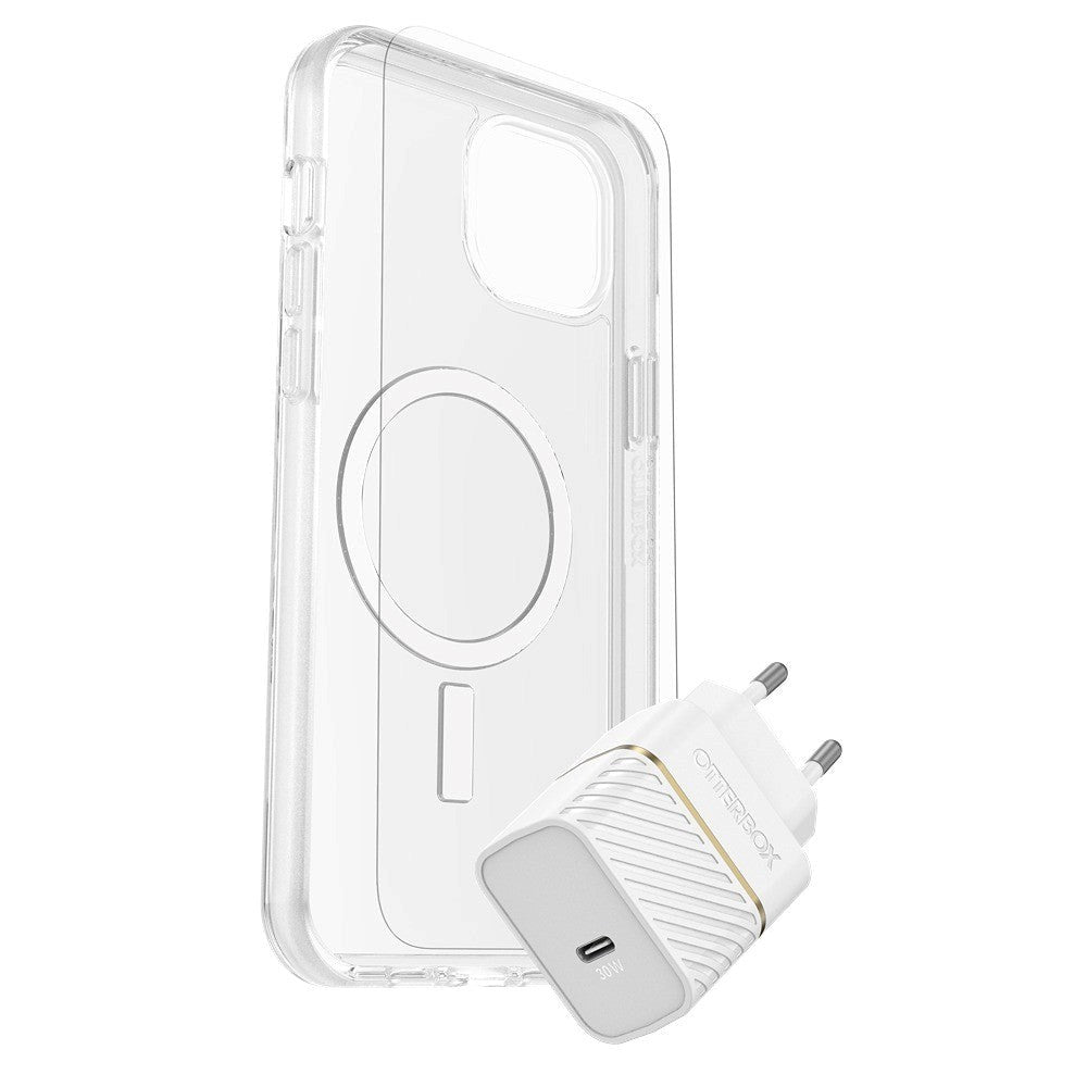 OtterBox iPhone 15 Plus Protection + Power Kit - MagSafe Cover, Skærmbeskyttelse & 30W Vægoplader - Gennemsigtig / Hvid