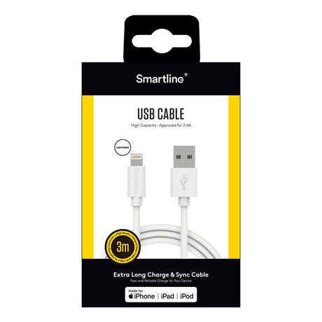 Smartline USB-A til Lightning Kabel 3m. - Hvid