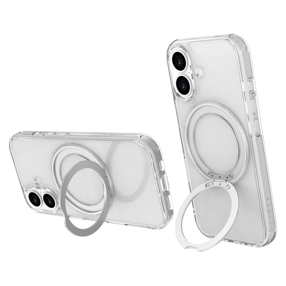 Lippa iPhone 17 Hybrid Cover m. Roterende Kickstand - MagSafe Kompatibel - Gennemsigtig / Sølv