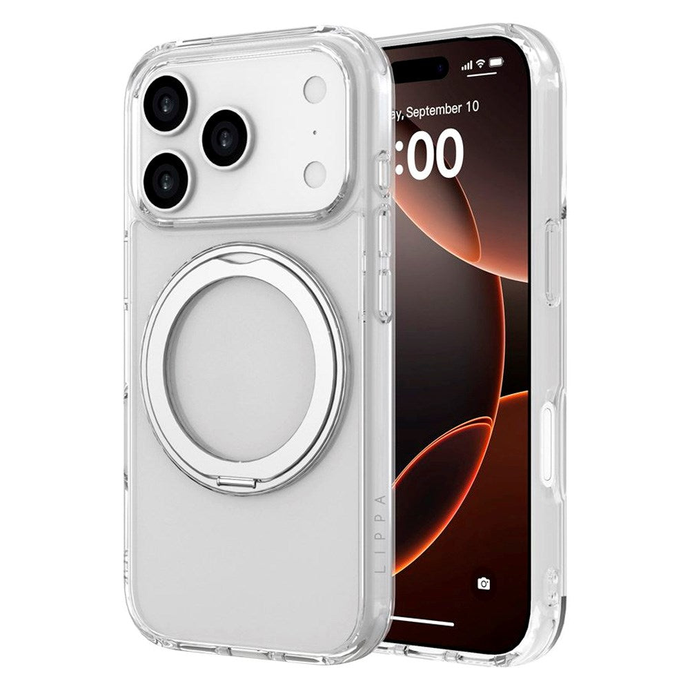 Lippa iPhone 17 Pro Hybrid Cover m. Roterende Kickstand - MagSafe Kompatibel - Gennemsigtig / Sølv