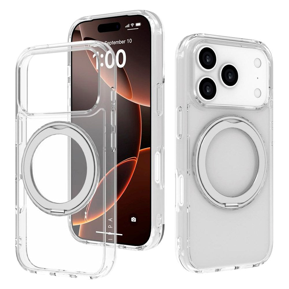Lippa iPhone 17 Pro Hybrid Cover m. Roterende Kickstand - MagSafe Kompatibel - Gennemsigtig / Sølv