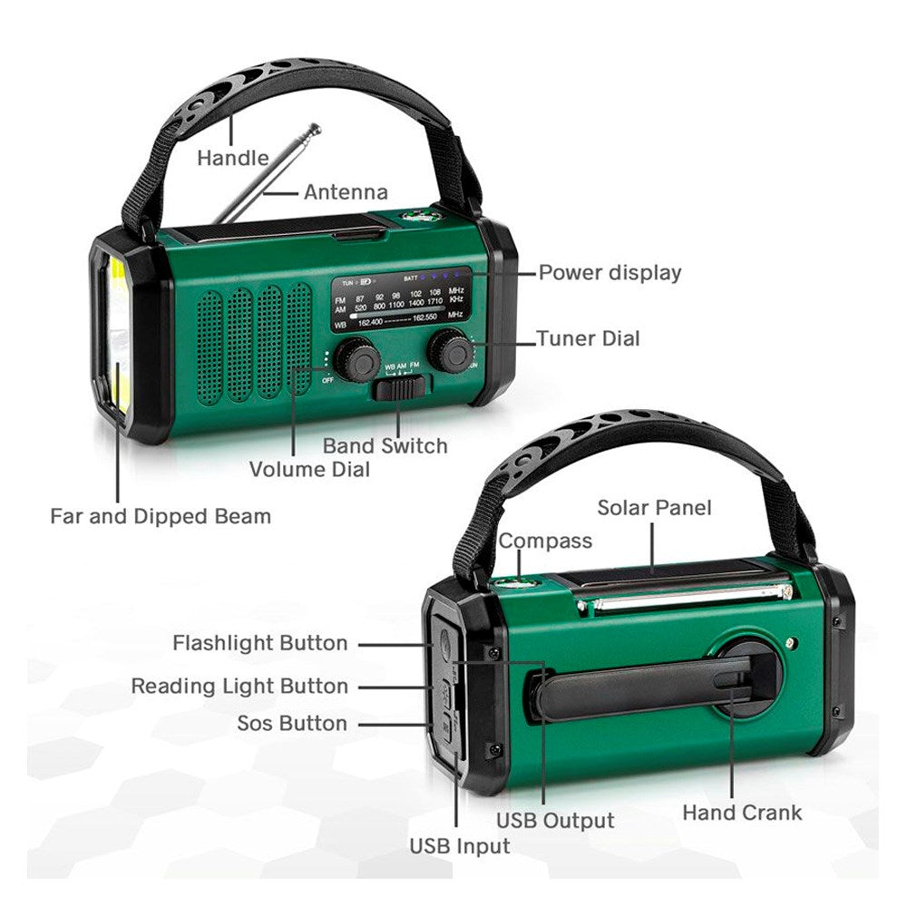 Nødradio Lippa FM - Håndsving, Solcellepanel, Kompas, 10.000 mAh Powerbank - Grøn